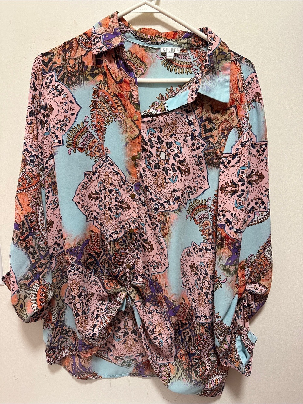 Spencer's Pastel Blue & Pink Paisley Twist-Front Blouse